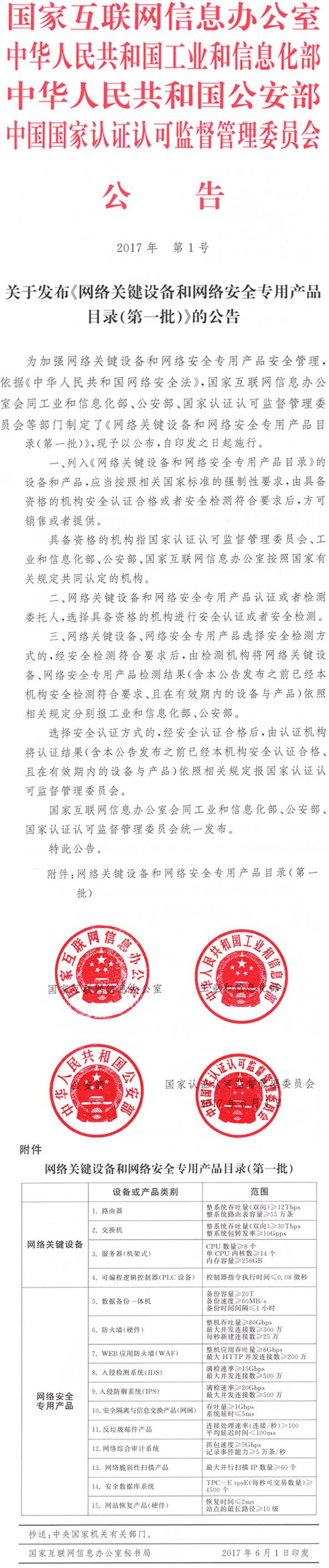 《網(wǎng)絡(luò)關(guān)鍵設(shè)備和網(wǎng)絡(luò)安全專用產(chǎn)品目錄（第一批）》（國家互聯(lián)網(wǎng)信息辦公室、工業(yè)和信息化部、公安部、國家認(rèn)證認(rèn)可監(jiān)督管理委員會公告2017年第1號）【全文廢止】